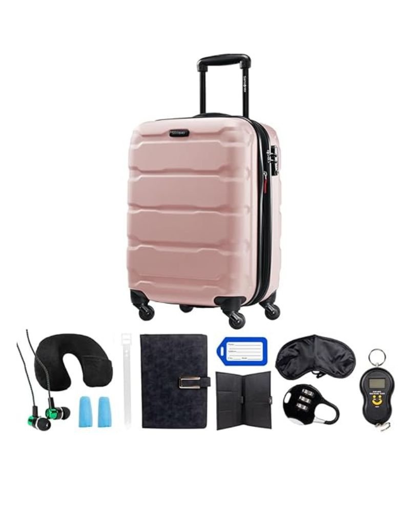 Pink roller suitcase with travel accessories